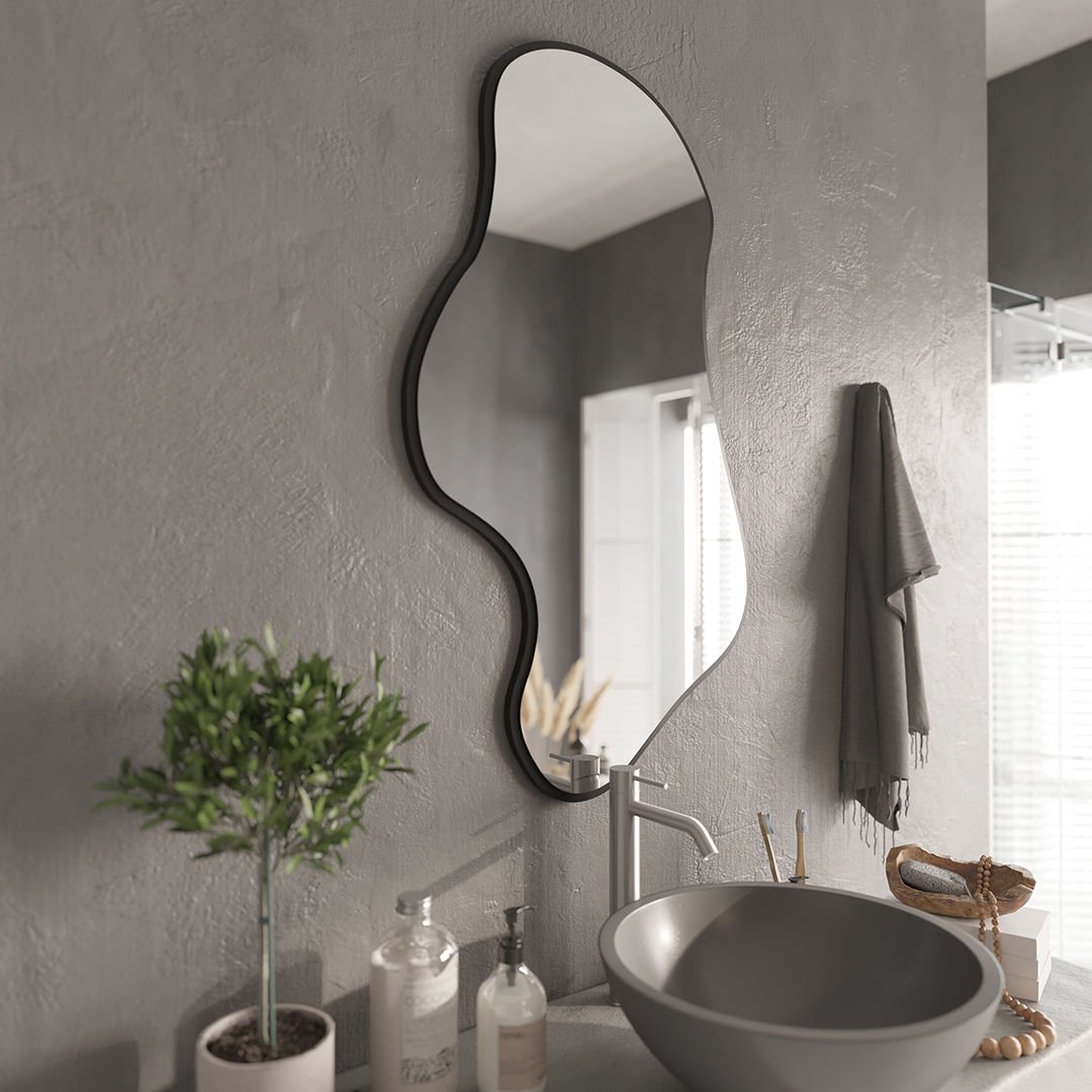 Dalgalı Çerçeveli Asimetrik Ayna – Banyo ve Dekor İçin Irregular Organik Form Duvar Aynası