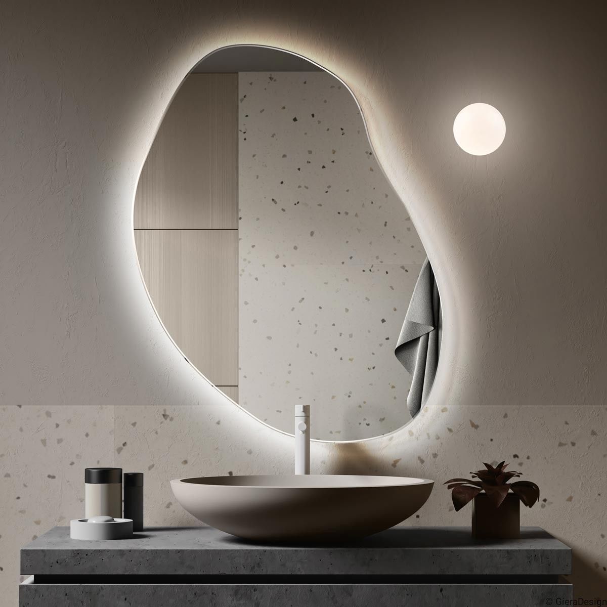 LED Işıklı Organik Banyo Aynası – Modern Asimetrik Tasarım, Arkadan Aydınlatmalı Dekoratif Ayna