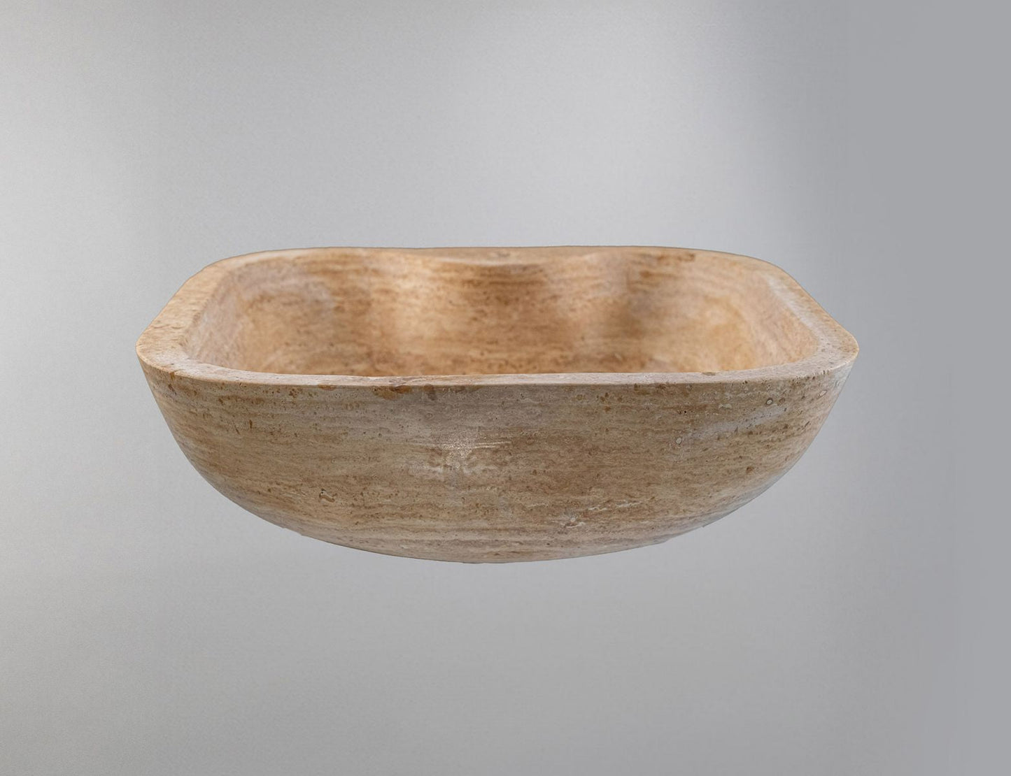 Doğal Traverten Mermer Lavabo – El Oyması Kare Form Banyo Tezgâh Üstü Lavabo (45×45×15 cm)