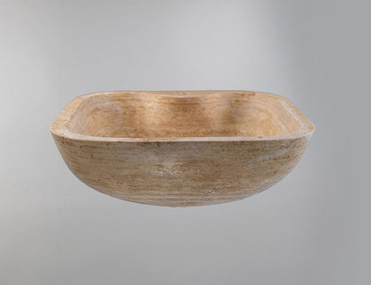 Doğal Traverten Mermer Lavabo – El Oyması Kare Form Banyo Tezgâh Üstü Lavabo (45×45×15 cm)