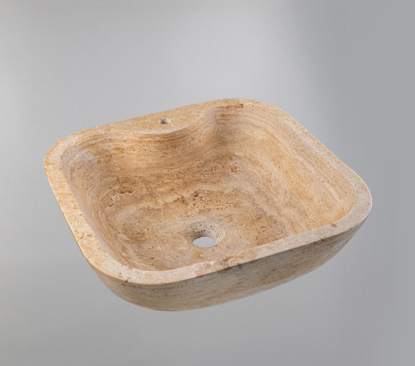 Doğal Traverten Mermer Lavabo – El Oyması Kare Form Banyo Tezgâh Üstü Lavabo (45×45×15 cm)