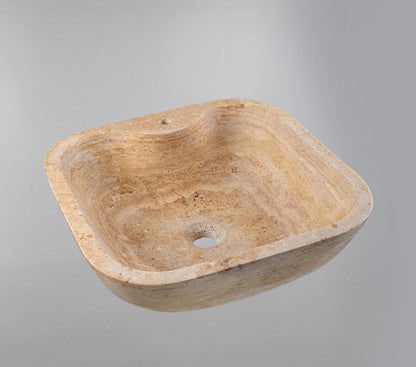 Doğal Traverten Mermer Lavabo – El Oyması Kare Form Banyo Tezgâh Üstü Lavabo (45×45×15 cm)