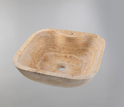Doğal Traverten Mermer Lavabo – El Oyması Kare Form Banyo Tezgâh Üstü Lavabo (45×45×15 cm)
