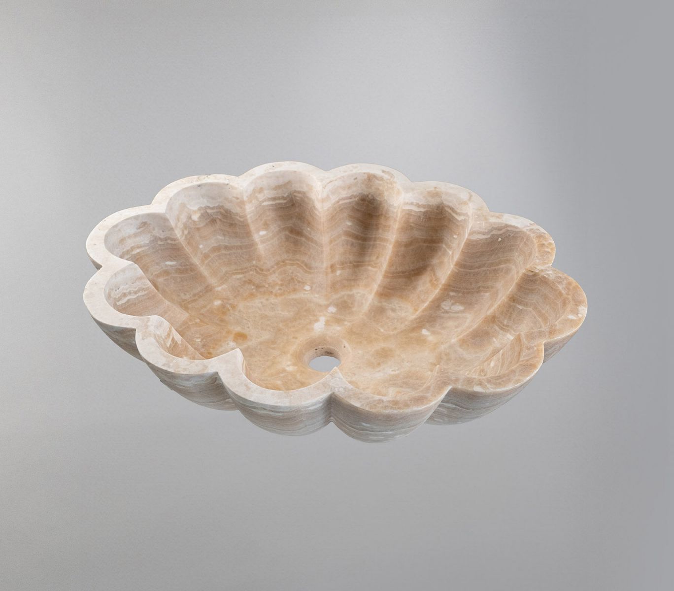 Doğal Traverten Mermer Oval Çiçek Formu Lavabo – El İşçiliği Banyo Tezgâh Üstü Lavabo (55 × 42 × 14 cm)