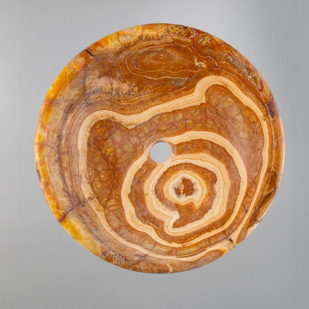 Turuncu Oniks Mermer Lavabo – El Oyması Doğal Taş Banyo Lavabosu, Yuvarlak Oniks Tezgâh Üstü Lavabo