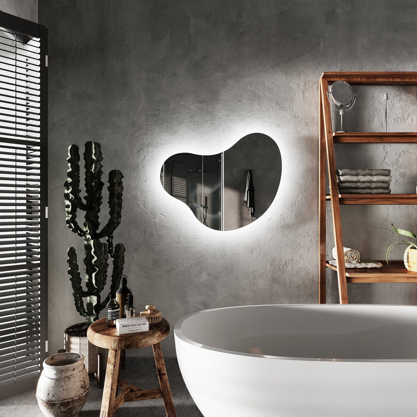 Asimetrik LED Ayna – Modern Organik Duvar Aynası, Dekoratif Banyo LED’li Ayna, Şekilli Tasarım Aydınlatmalı Ayna