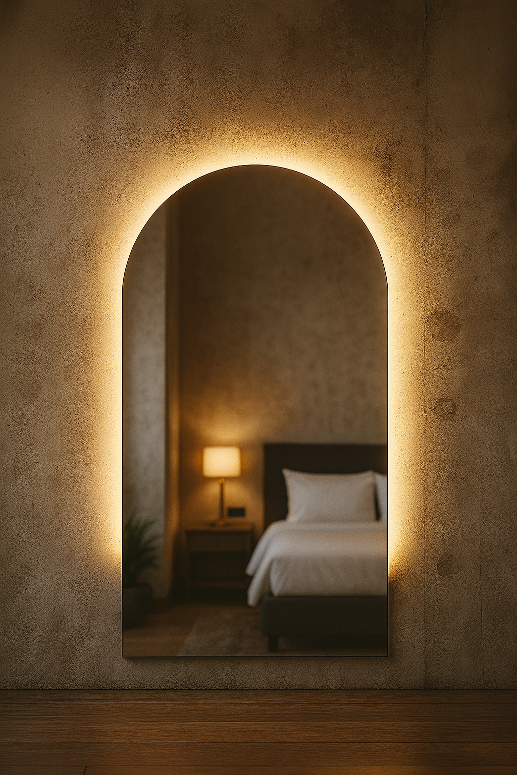 Modern LED Işıklı Kemer Banyo Aynası – Arkadan Aydınlatmalı Arch Ayna, Minimalist ve Şık Banyo Dekoru