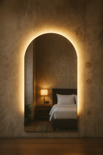 Modern LED Işıklı Kemer Banyo Aynası – Arkadan Aydınlatmalı Arch Ayna, Minimalist ve Şık Banyo Dekoru