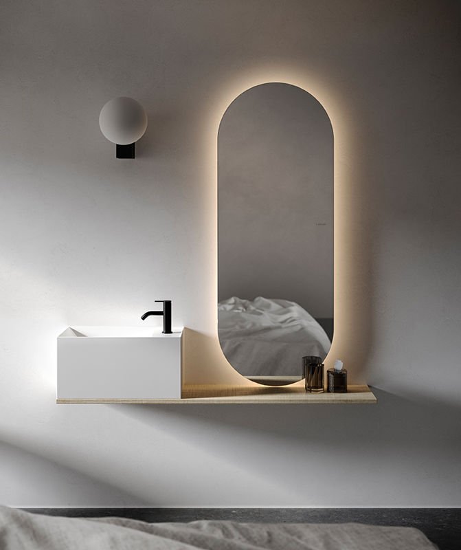 Ark LED Ayna – Modern Banyo LED Ayna, Oval Işıklı Dekoratif Duvar Aynası, Şerit LED’li Şık Banyo Aynası