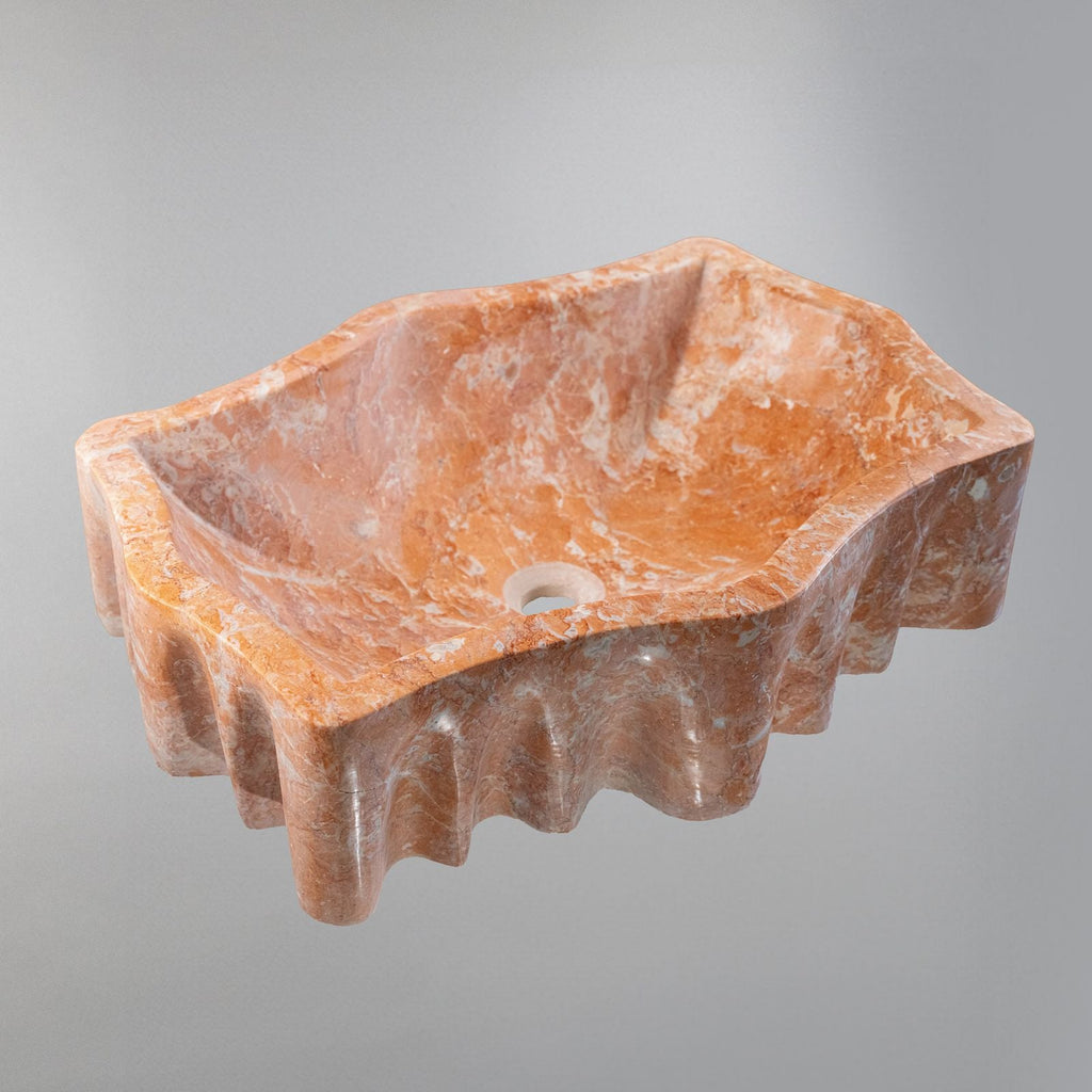 Rosso Verona Turuncu Mermer Lavabo – El Yapımı Doğal Taş Banyo Lavabosu, Lüks Tezgâh Üstü Mermer Lavabo (55×42×14 cm)