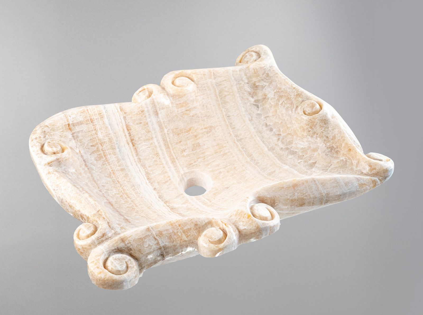 Oniks Mermer Lavabo – Doğal Taş Banyo Lavabosu, Lüks El Oyması Oniks Tezgâh Üstü Lavabo (60×48×14 cm)