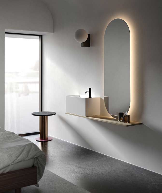 Ark LED Ayna – Modern Banyo LED Ayna, Oval Işıklı Dekoratif Duvar Aynası, Şerit LED’li Şık Banyo Aynası