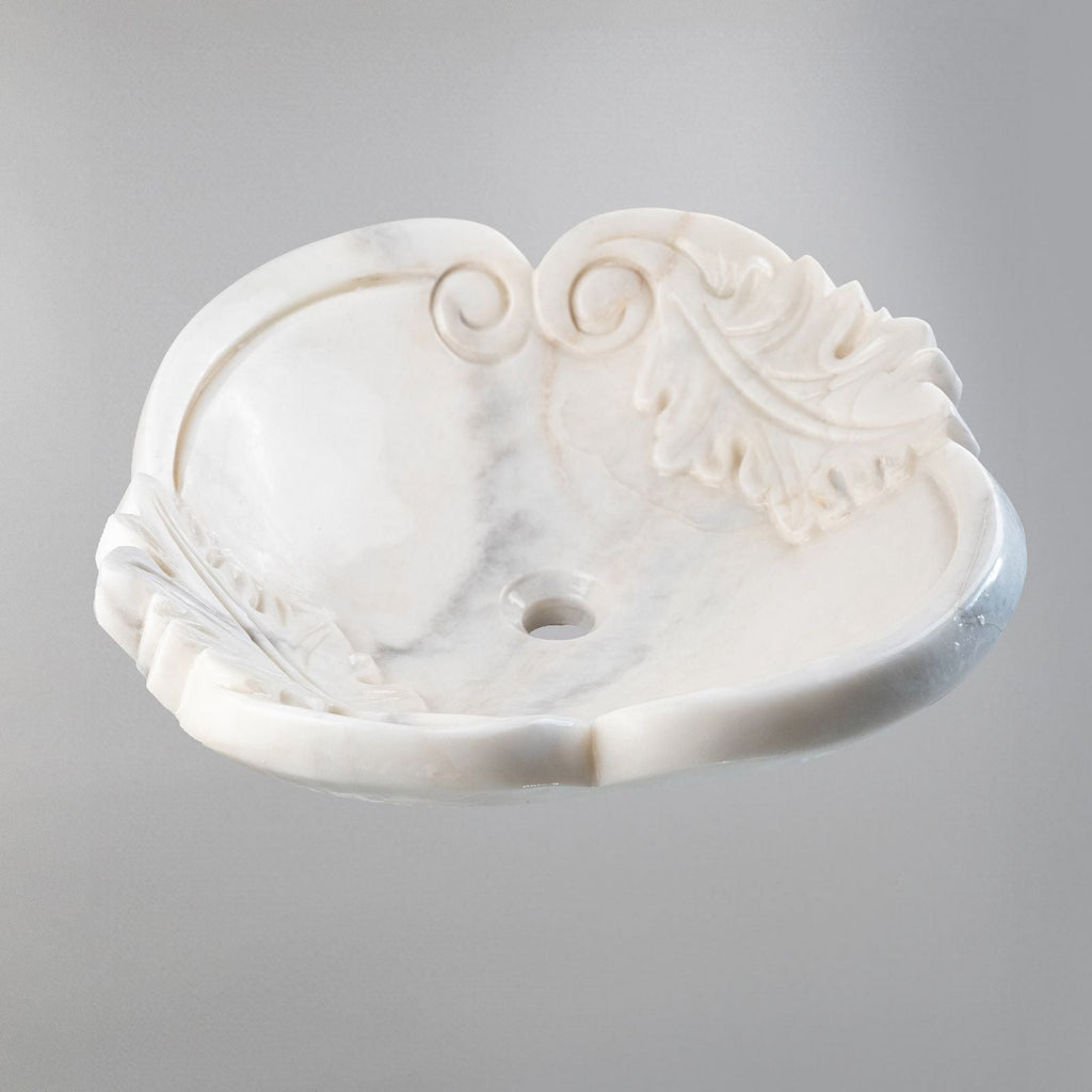 Beyaz Mermer Yaprak Desenli El Oyması Banyo Lavabo – Natural White Marble Sink