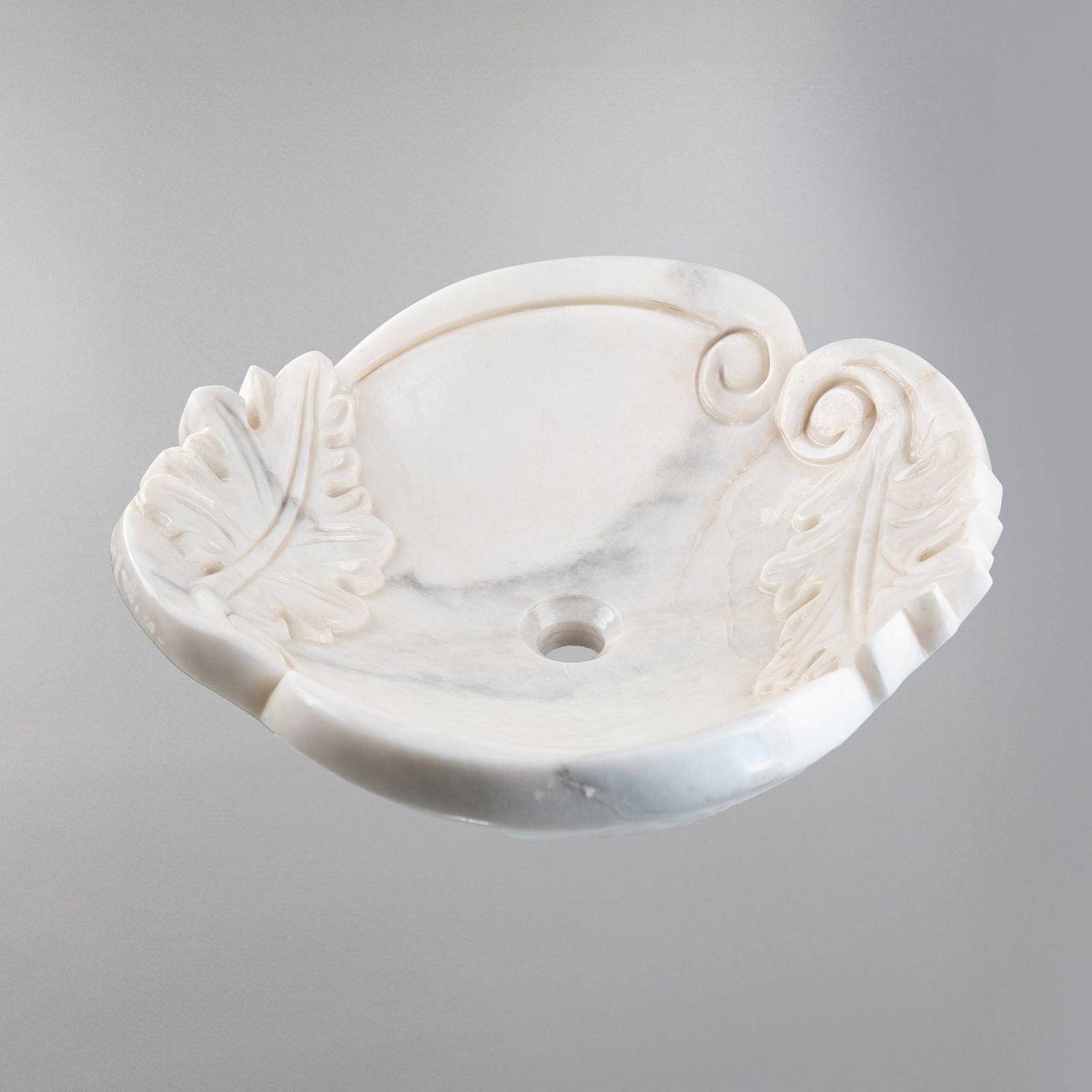 Beyaz Mermer Yaprak Desenli El Oyması Banyo Lavabo – Natural White Marble Sink