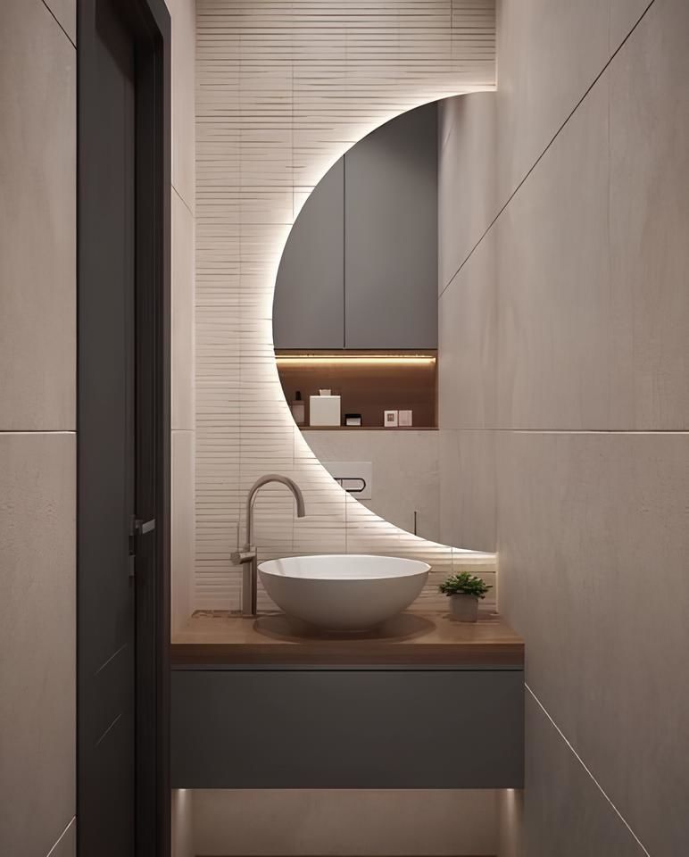 Yarım Ay LED Banyo Aynası – Modern Arkadan Aydınlatmalı Ayna, Dekoratif Minimal Tasarım Aydınlatmalı Ayna
