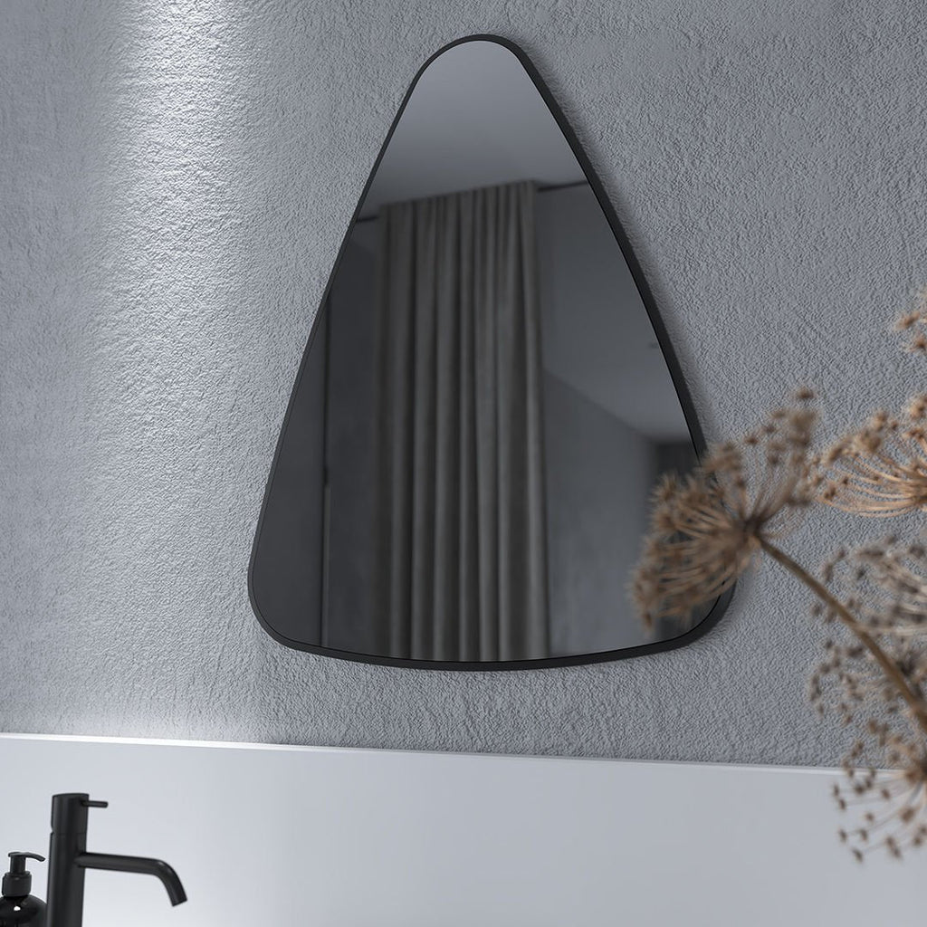 Modern Asimetrik Duvar Aynası – Siyah Çerçeveli Dekoratif Banyo ve Salon Aynası