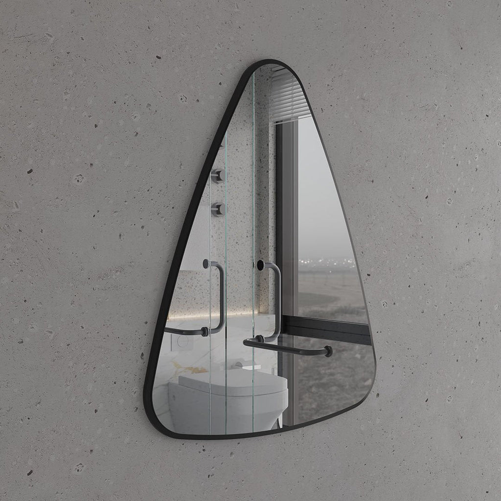 Modern Asimetrik Duvar Aynası – Siyah Çerçeveli Dekoratif Banyo ve Salon Aynası