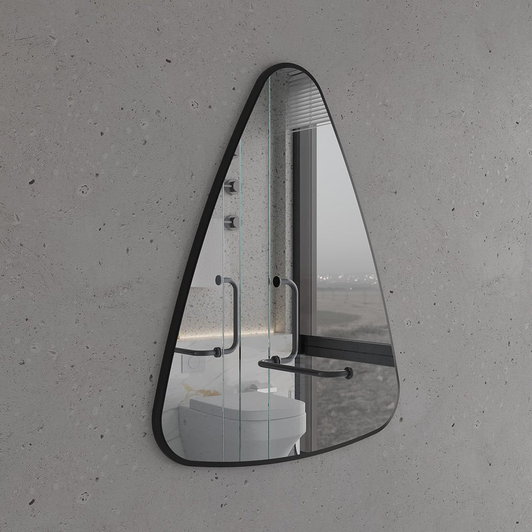 Modern Asimetrik Duvar Aynası – Siyah Çerçeveli Dekoratif Banyo ve Salon Aynası