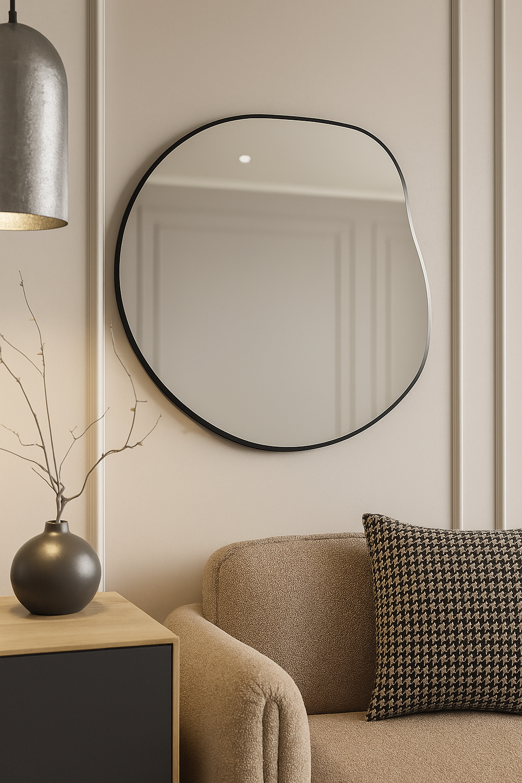 Modern Asimetrik Duvar Aynası – Organik Form Yuvarlak Banyo Aynası Çerçeveli | Dekoratif Minimal Ayna