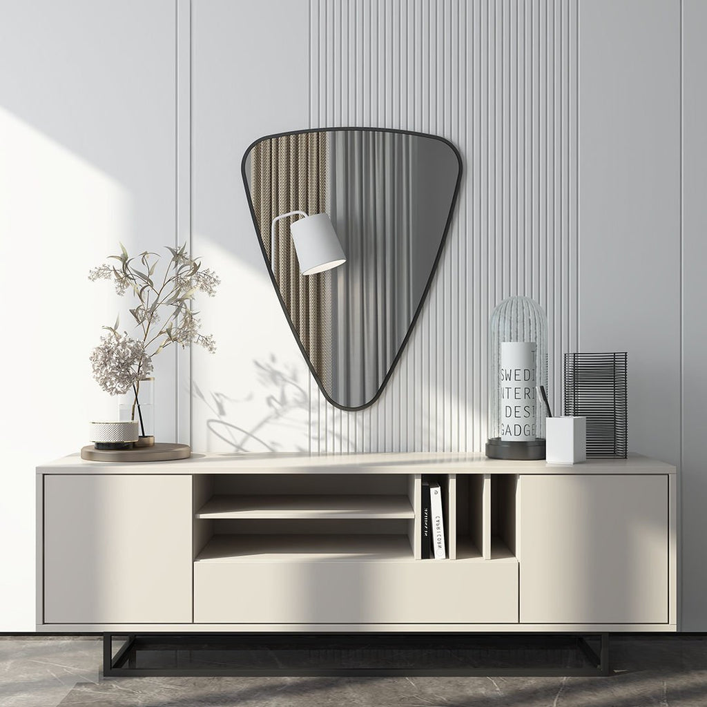 Modern Asimetrik Duvar Aynası – Siyah Çerçeveli Dekoratif Banyo ve Salon Aynası
