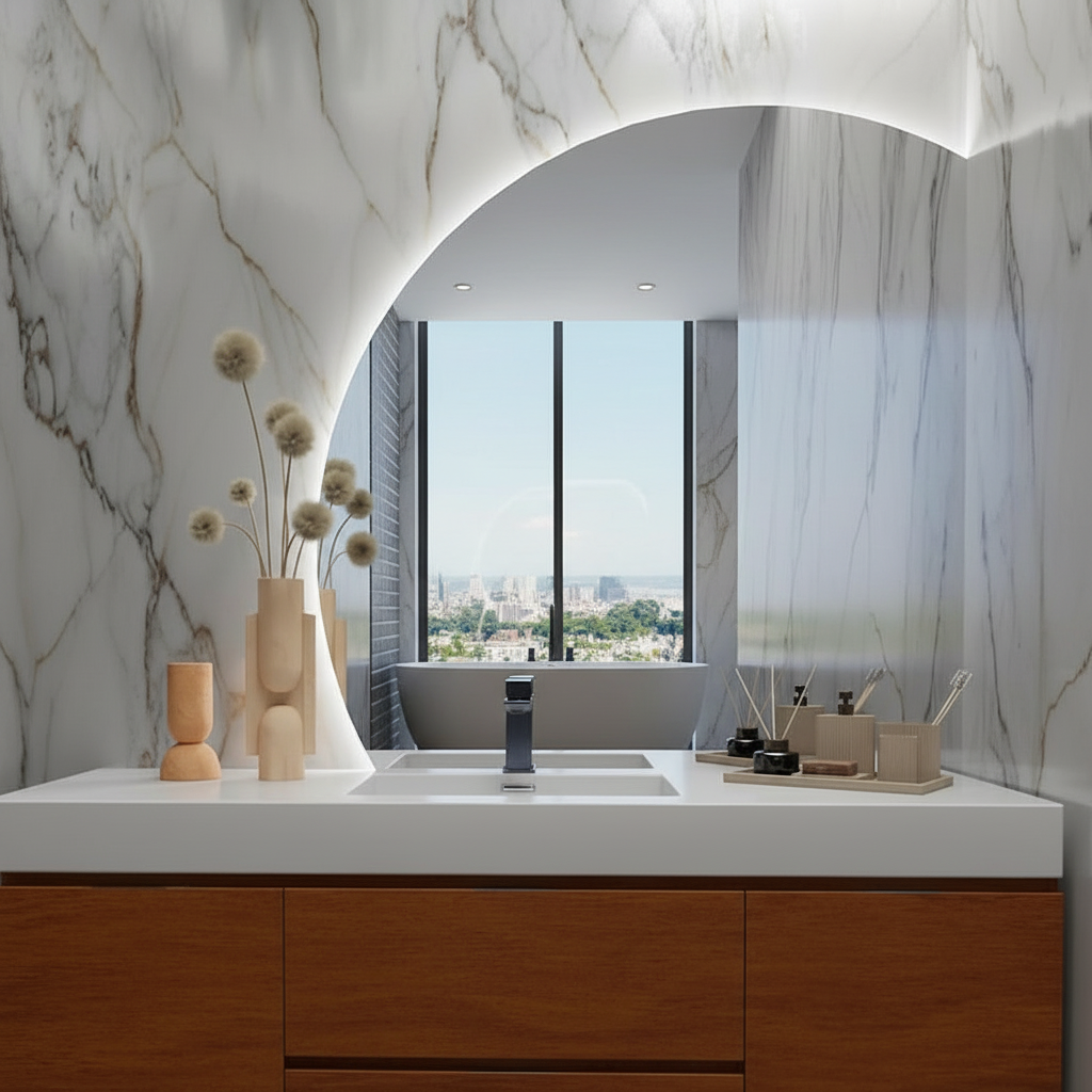 LED Işıklı Yarım Ay Banyo Aynası – Modern Mermer Duvar Dekoru, Arkadan Aydınlatmalı Dekoratif Ayna