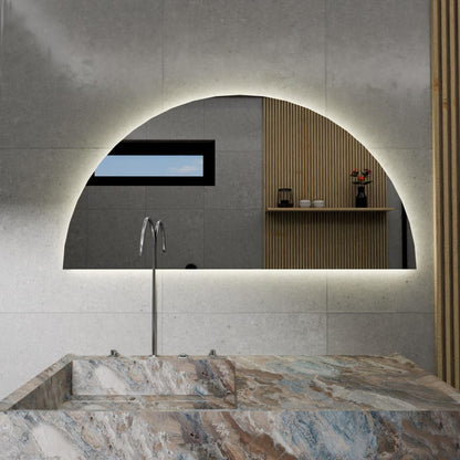 Yarım Daire LED Banyo Aynası – Modern Işıklı Ayna, Arkadan Aydınlatmalı Tasarım, Şık Banyo Dekoru