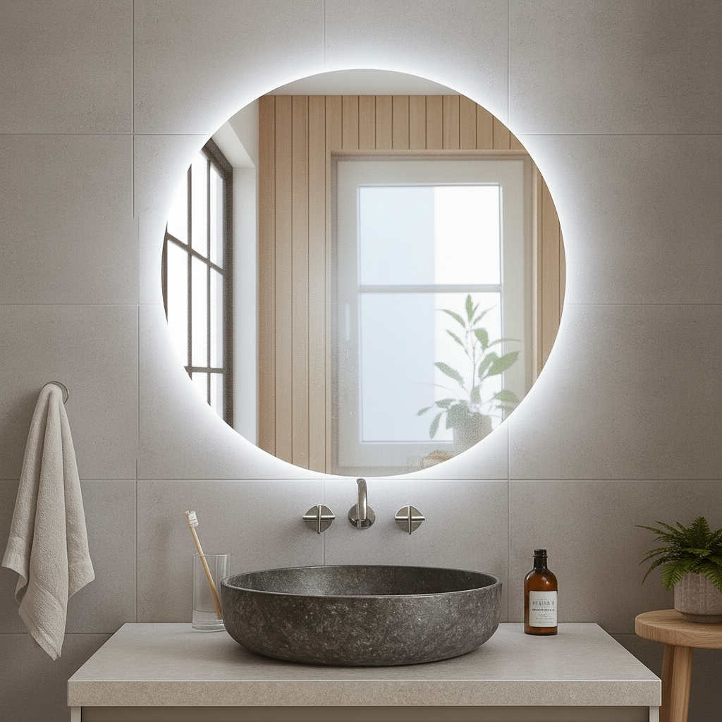 Yuvarlak LED Işıklı Banyo Aynası – Modern Aydınlatmalı Dekoratif Ayna | Mermer Duvar İçin Tasarım Ayna