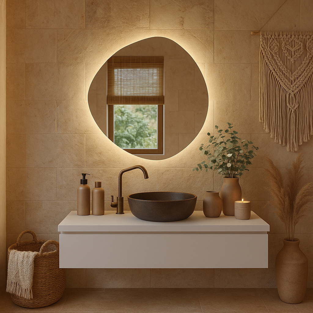 Organik Form LED Banyo Aynası – Modern Aydınlatmalı Dekoratif Ayna, Arkadan Işıklı Tasarım