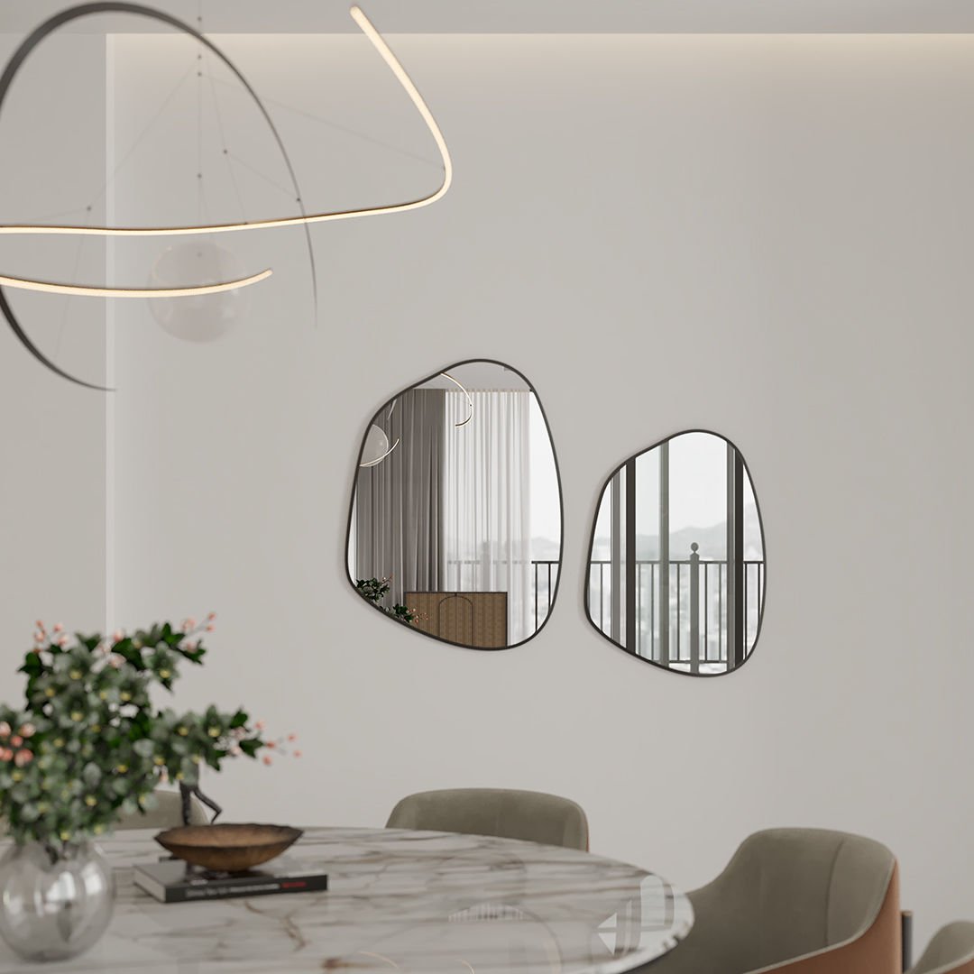 Modern Asimetrik Banyo Aynası – Çerçeveli Organik Şekilli Duvar Aynası