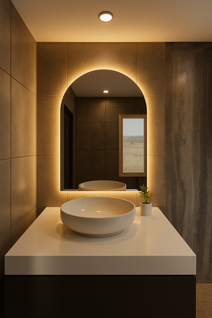 Modern LED Işıklı Kemer Banyo Aynası – Arkadan Aydınlatmalı Arch Ayna, Minimalist ve Şık Banyo Dekoru