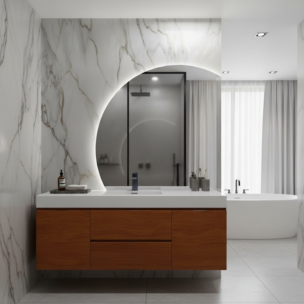 LED Işıklı Yarım Ay Banyo Aynası – Modern Mermer Duvar Dekoru, Arkadan Aydınlatmalı Dekoratif Ayna