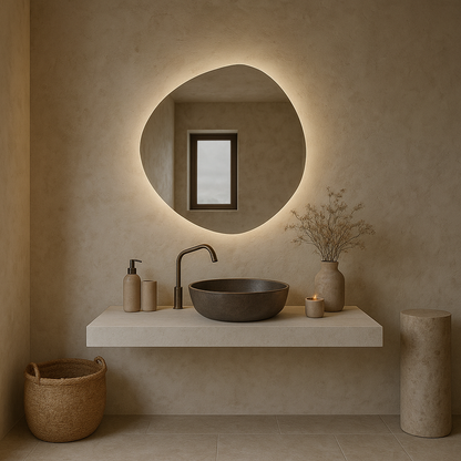Organik Form LED Banyo Aynası – Modern Aydınlatmalı Dekoratif Ayna, Arkadan Işıklı Tasarım