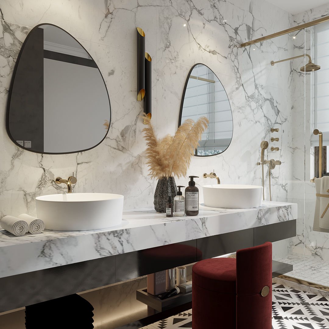 Modern Asimetrik Banyo Aynası – Çerçeveli Organik Form Dekoratif Duvar Aynası