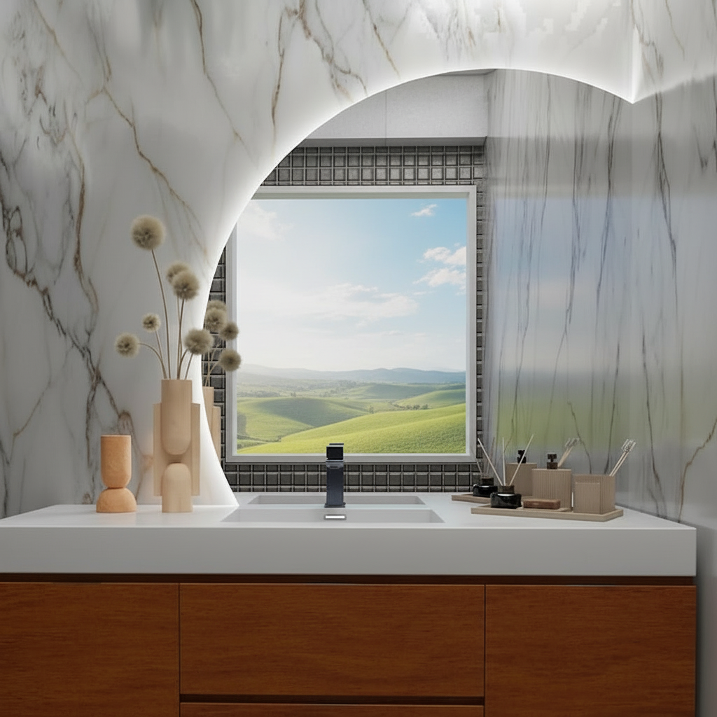 LED Işıklı Yarım Ay Banyo Aynası – Modern Mermer Duvar Dekoru, Arkadan Aydınlatmalı Dekoratif Ayna