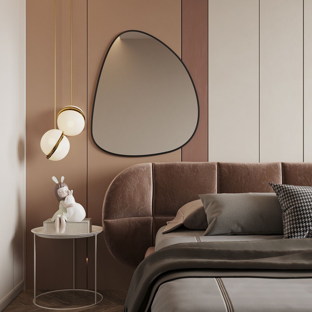 Modern Asimetrik Banyo Aynası – Çerçeveli Organik Form Dekoratif Duvar Aynası