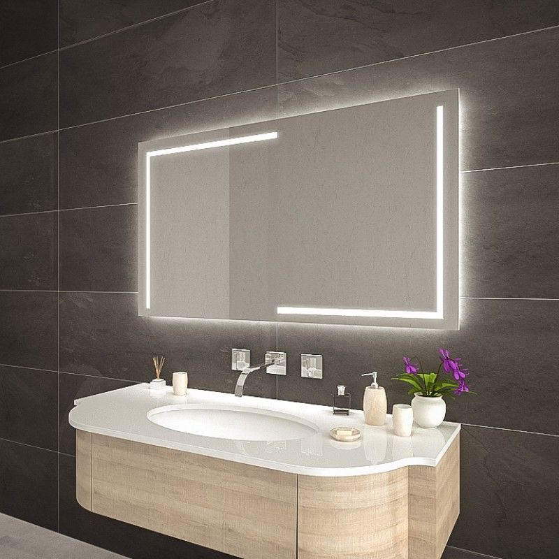Lüks Geometrik LED Işıklı Ayna – Minimalist Siyah ve Altın Işık Efektli Dikdörtgen Ayna