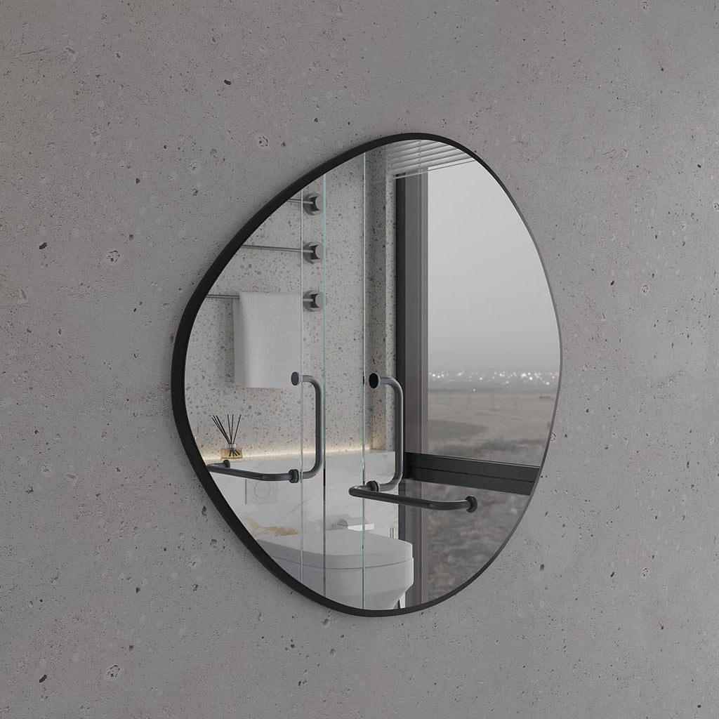 Modern Organik Form Banyo Aynası – Çerçeveli Asimetrik Ayna, Tasarım Duvar Aynası, Mermer Banyo İçin Şık Dekoratif Ayna