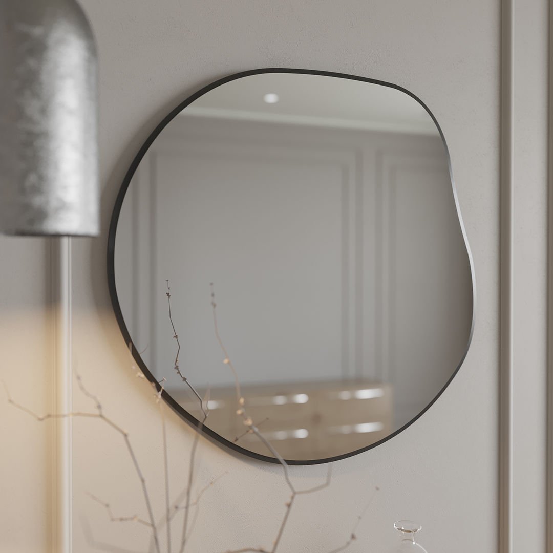 Modern Asimetrik Duvar Aynası – Organik Form Yuvarlak Banyo Aynası Çerçeveli | Dekoratif Minimal Ayna