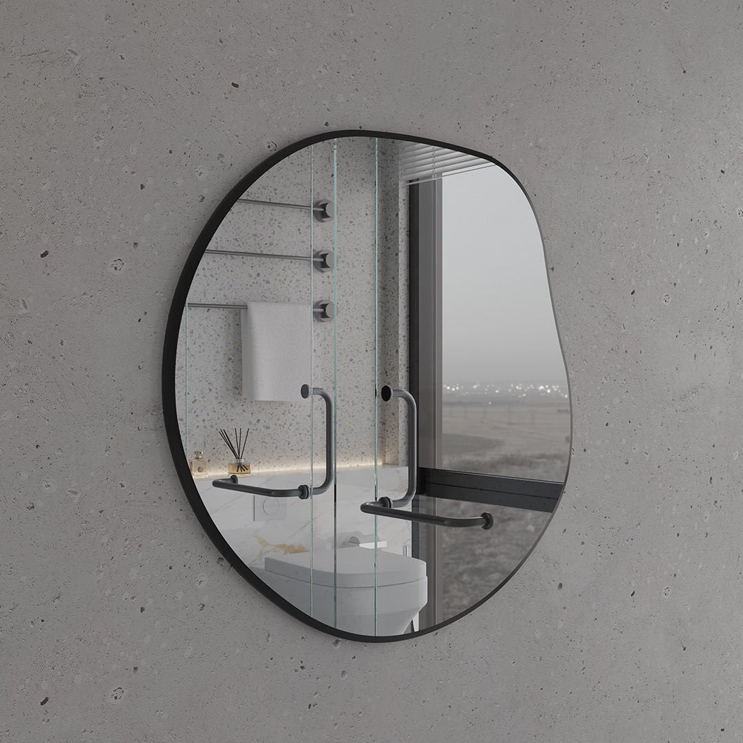 Modern Asimetrik Duvar Aynası – Organik Form Yuvarlak Banyo Aynası Çerçeveli | Dekoratif Minimal Ayna