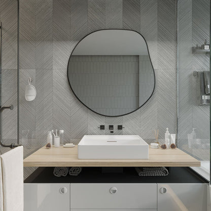 Modern Asimetrik Duvar Aynası – Organik Form Yuvarlak Banyo Aynası Çerçeveli | Dekoratif Minimal Ayna