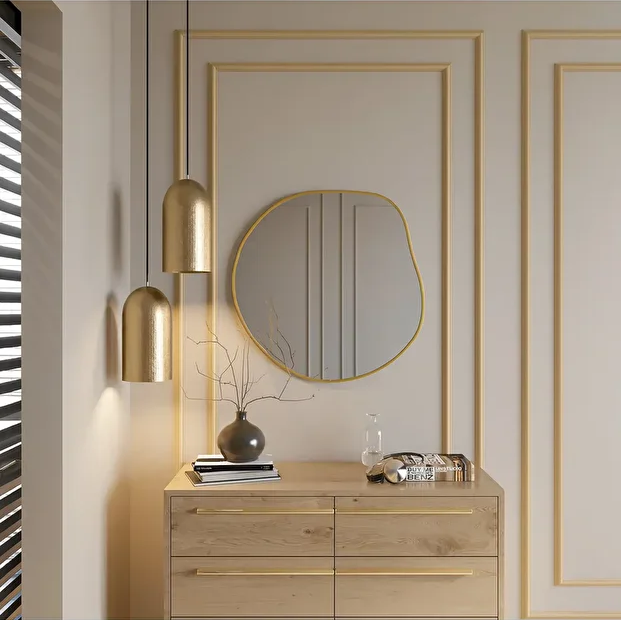 Modern Asimetrik Duvar Aynası – Organik Form Yuvarlak Banyo Aynası Çerçeveli | Dekoratif Minimal Ayna