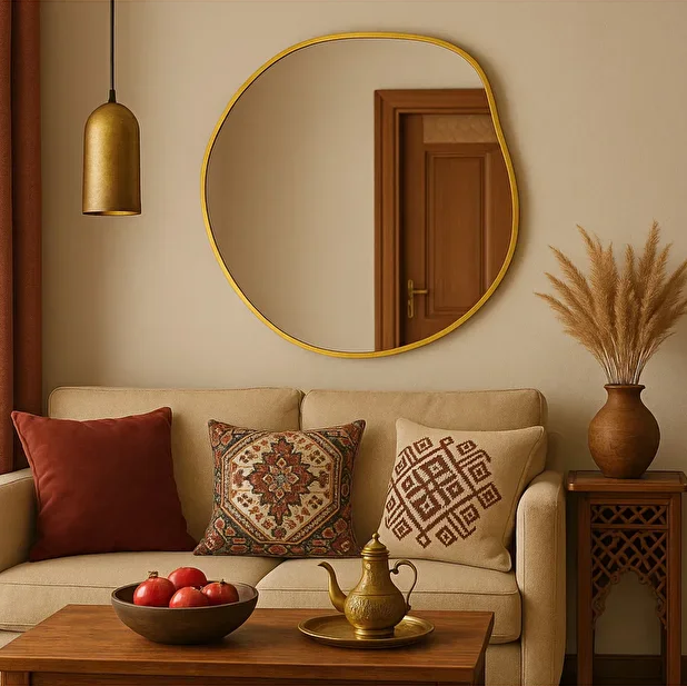 Modern Asimetrik Duvar Aynası – Organik Form Yuvarlak Banyo Aynası Çerçeveli | Dekoratif Minimal Ayna