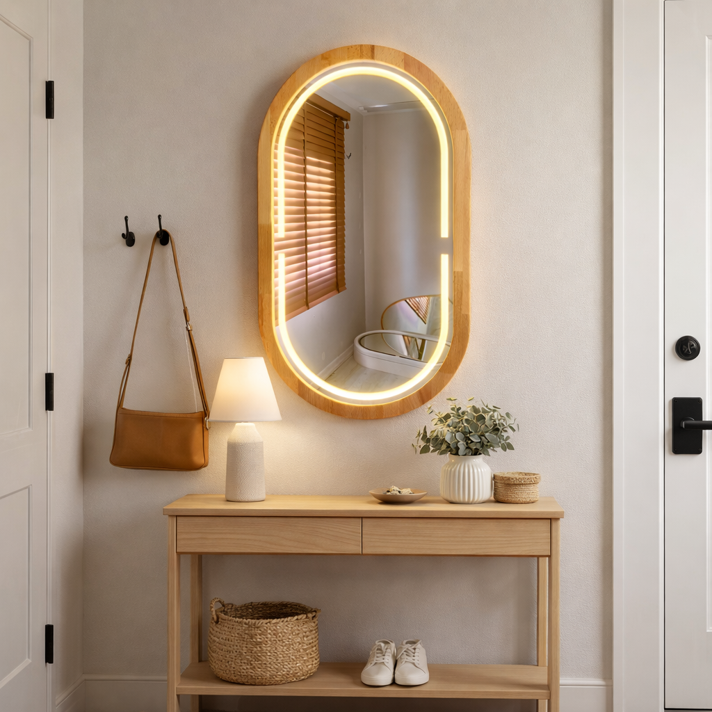 Kayın Ahşap Çerçeveli LED’li Oval Ayna – Dimmer Işıklı Dekoratif Duvar Aynası, Banyo Makyaj Salon Aynası