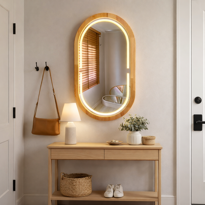 Kayın Ahşap Çerçeveli LED’li Oval Ayna – Dimmer Işıklı Dekoratif Duvar Aynası, Banyo Makyaj Salon Aynası