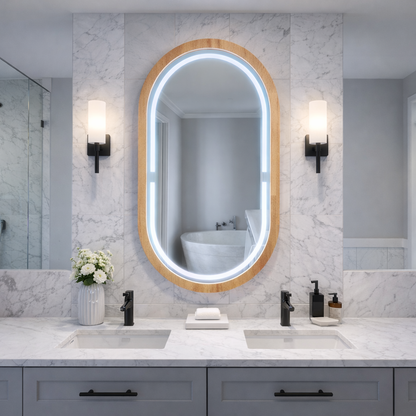 Kayın Ahşap Çerçeveli LED’li Oval Ayna – Dimmer Işıklı Dekoratif Duvar Aynası, Banyo Makyaj Salon Aynası