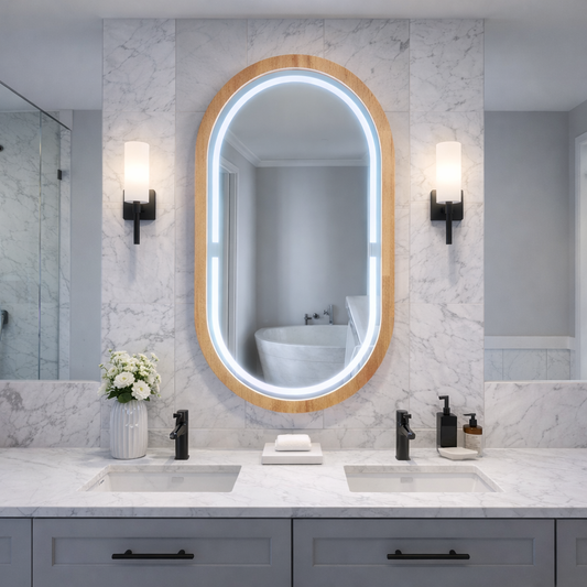 Kayın Ahşap Çerçeveli LED’li Oval Ayna – Dimmer Işıklı Dekoratif Duvar Aynası, Banyo Makyaj Salon Aynası