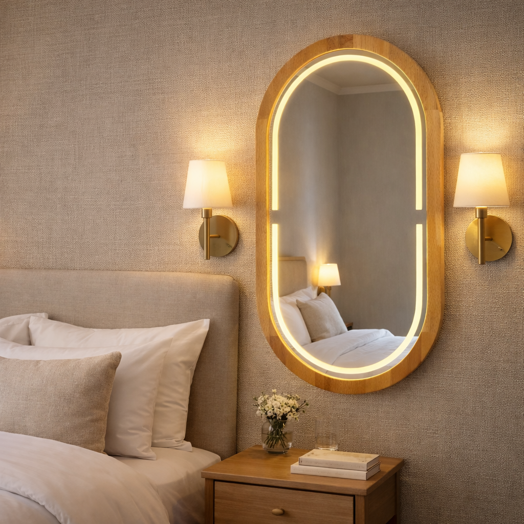 Kayın Ahşap Çerçeveli LED’li Oval Ayna – Dimmer Işıklı Dekoratif Duvar Aynası, Banyo Makyaj Salon Aynası