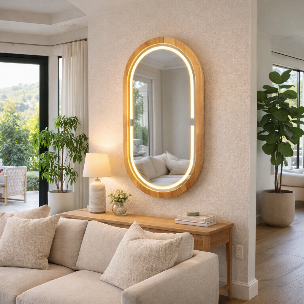 Kayın Ahşap Çerçeveli LED’li Oval Ayna – Dimmer Işıklı Dekoratif Duvar Aynası, Banyo Makyaj Salon Aynası