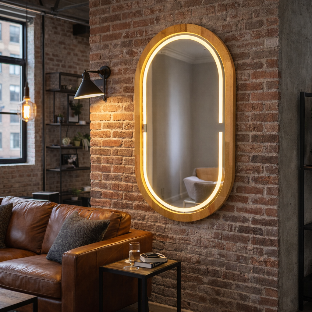 Kayın Ahşap Çerçeveli LED’li Oval Ayna – Dimmer Işıklı Dekoratif Duvar Aynası, Banyo Makyaj Salon Aynası