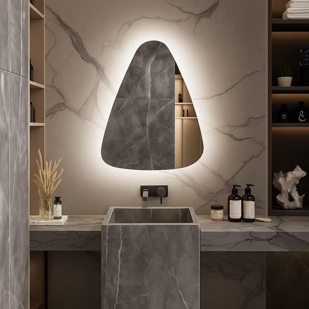 Modern Asimetrik LED Ayna – Mermer Banyo İçin Dekoratif Tasarım Duvar Aynası | Sıcak/Soğuk Işıklı Lüks Aydınlatmalı Ayna